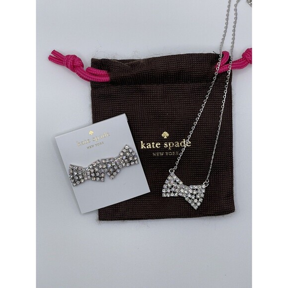 KATE SPADE “Sparkling Bow” Pendant Necklace & Earring Set Silver Tone NWT - Picture 2 of 10
